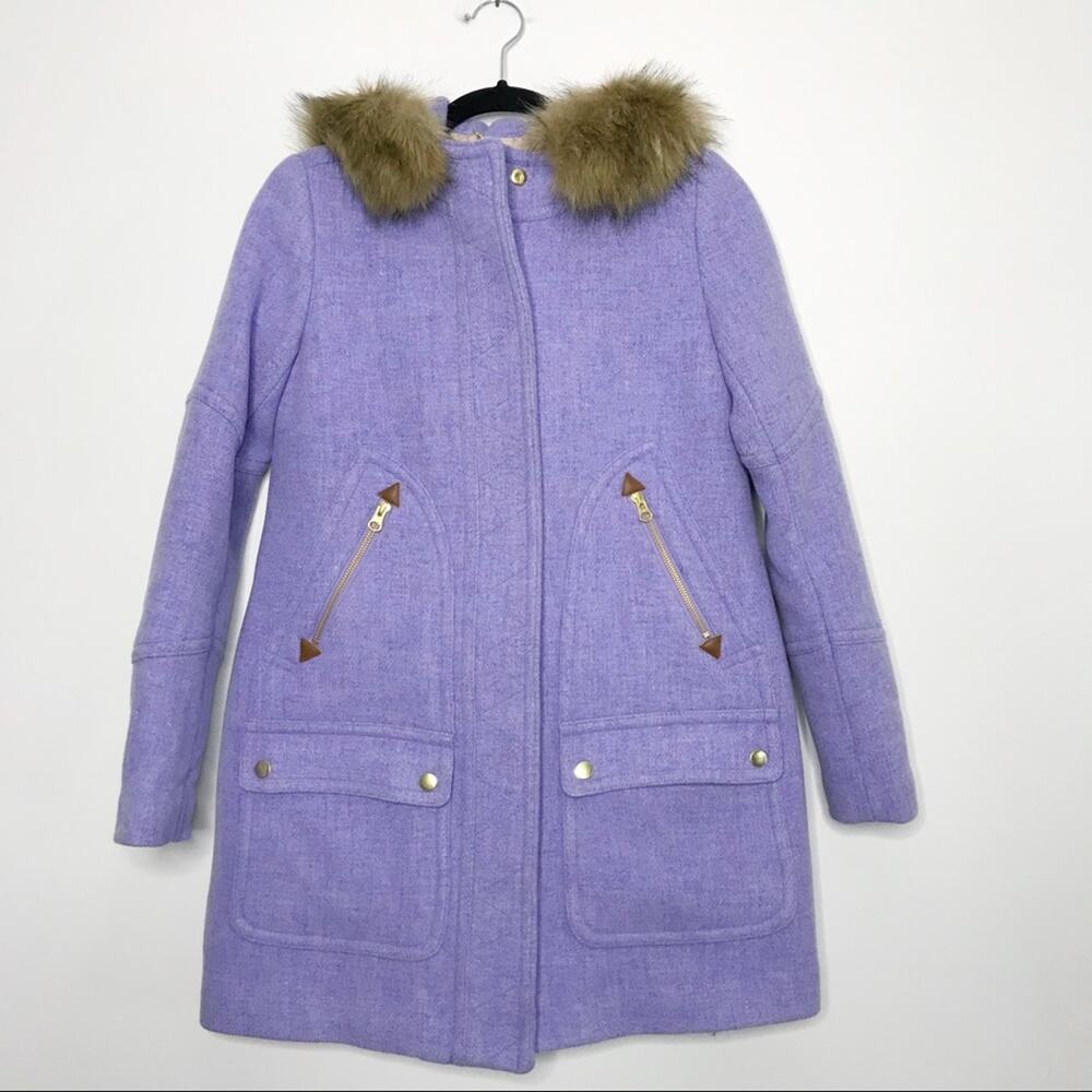 New J Crew Womens 00 Light Purple Chateau Stadium Cloth Parka Faux Fur Trim Wool